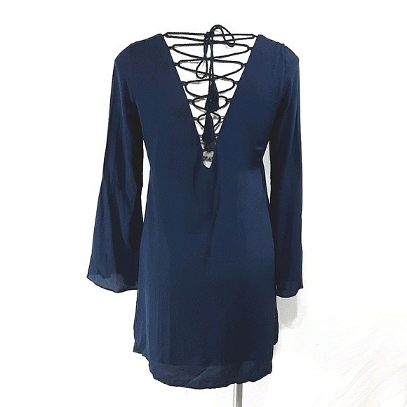 NWT BB Dakota Bria Tunic Dress S Embroidered Boho Bell Sleeve Tie Back Festival - Picture 8 of 11